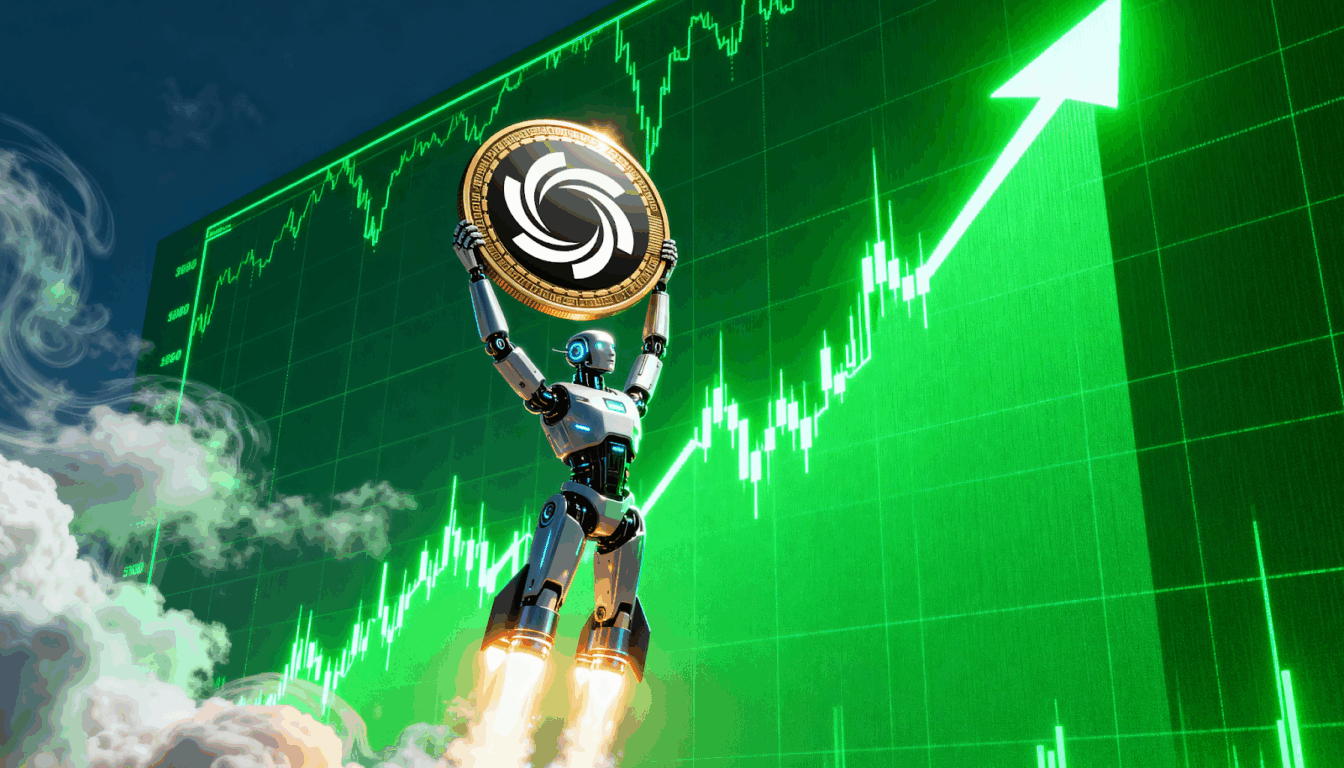 Robô segurando moeda da Ozak AI diante de gráfico de criptomoedas em alta Robô segurando moeda da Ozak AI diante de gráfico de criptomoedas em alta