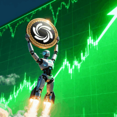 Robô segurando moeda da Ozak AI diante de gráfico de criptomoedas em alta