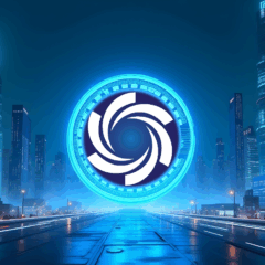 logotipo da Ozak AI brilhando em uma cidade futurista durante a noite, simbolizando inovação e crescimento mesmo com a queda do Ethereum