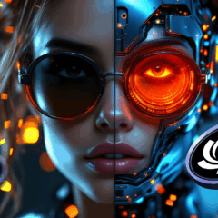 Metade humana e metade ciborgue simbolizando a fusão entre inteligência artificial e investimento em criptomoedas Ozak AI