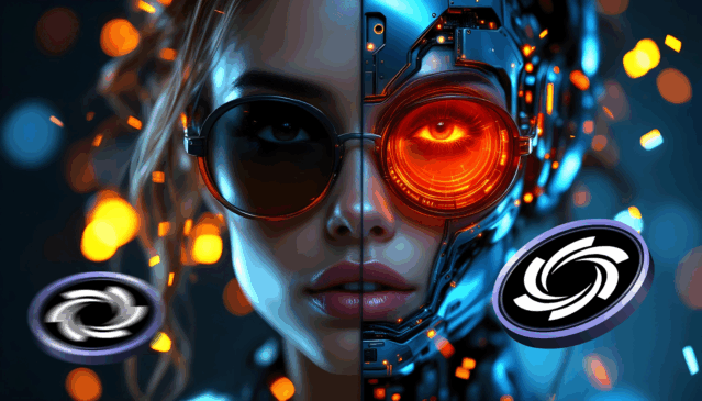 Metade humana e metade ciborgue simbolizando a fusão entre inteligência artificial e investimento em criptomoedas Ozak AI