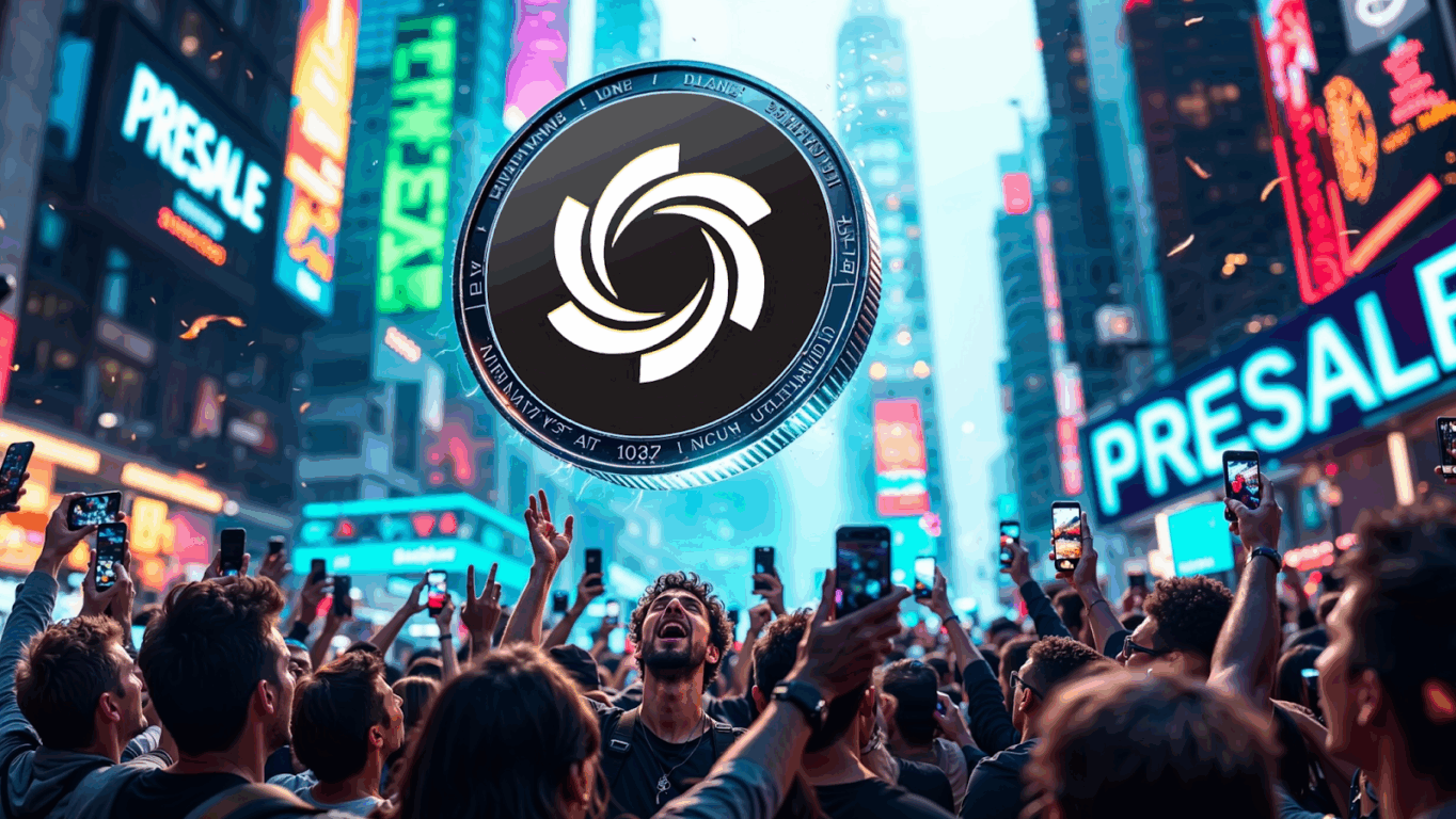 Multidão em evento com moeda Ozak AI flutuando e letreiros de pré-venda ao fundo Multidão em evento com moeda Ozak AI flutuando e letreiros de pré-venda ao fundo