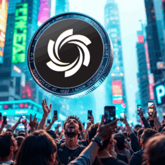 Multidão em evento com moeda Ozak AI flutuando e letreiros de pré-venda ao fundo