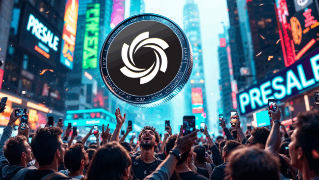 Multidão em evento com moeda Ozak AI flutuando e letreiros de pré-venda ao fundo