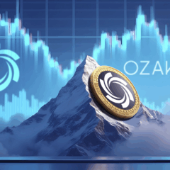 Token da Ozak AI em destaque com gráfico de alta e montanha ao fundo, simbolizando crescimento exponencial em 2025.