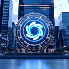 Símbolo digital do Ozak AI no centro de distrito financeiro com telas exibindo gráficos de mercado, representando inovação em inteligência artificial e blockchain em 2025.