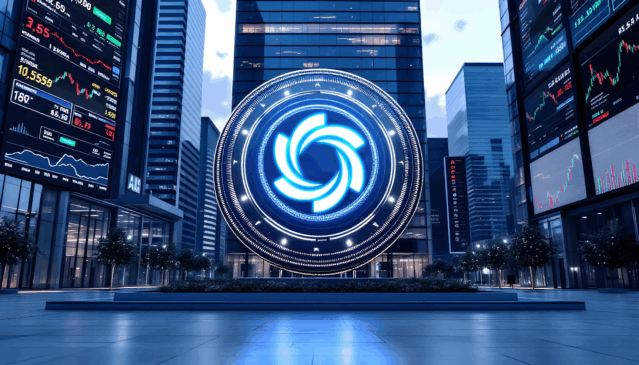 Símbolo digital do Ozak AI no centro de distrito financeiro com telas exibindo gráficos de mercado, representando inovação em inteligência artificial e blockchain em 2025.