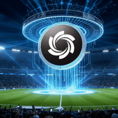 Logotipo da Ozak AI em destaque sobre um estádio cheio, com luzes e elementos digitais simbolizando inovação e crescimento no mercado de criptomoedas.