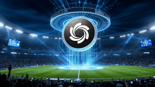 Logotipo da Ozak AI em destaque sobre um estádio cheio, com luzes e elementos digitais simbolizando inovação e crescimento no mercado de criptomoedas.