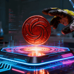 Token Ozak AI sendo projetado holograficamente em um laboratório futurista