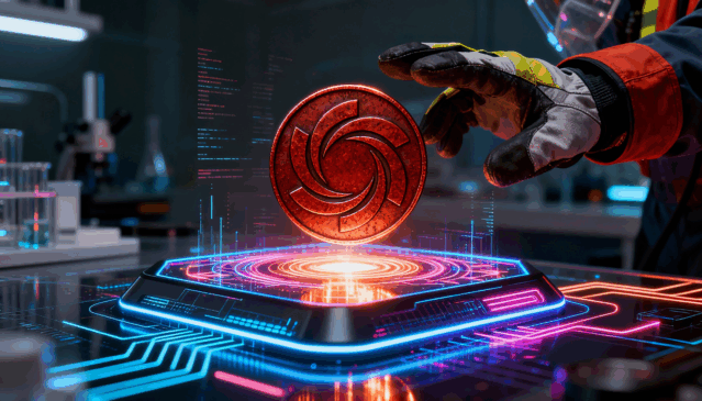 Token Ozak AI sendo projetado holograficamente em um laboratório futurista