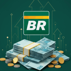 Logotipo da Petrobras sobre pilhas de notas e moedas de real simbolizando pagamento de R$ 12,2 bilhões em dividendos em 2025.