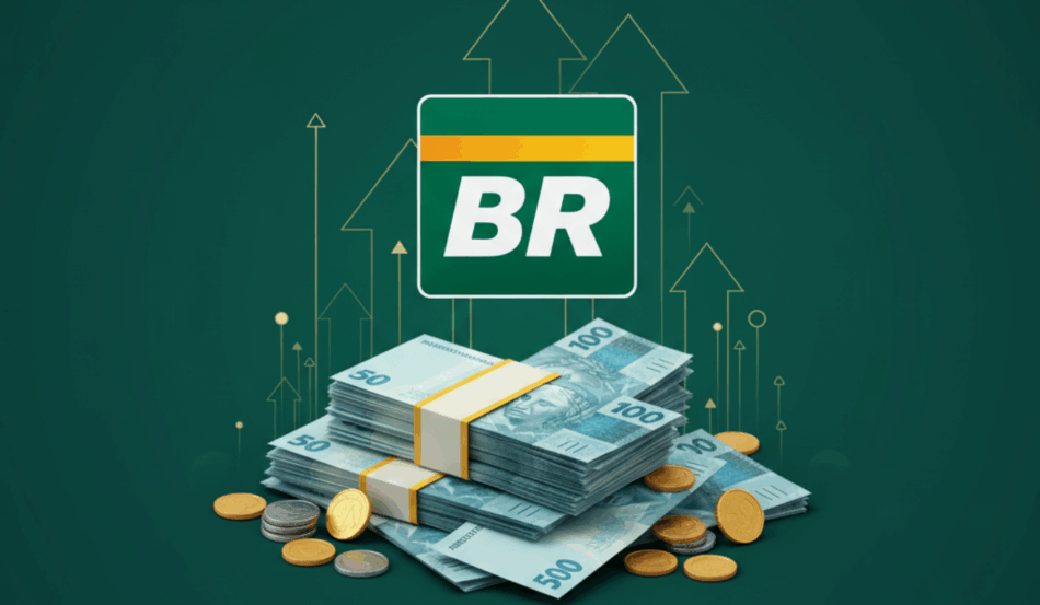 Logotipo da Petrobras sobre pilhas de notas e moedas de real simbolizando pagamento de R$ 12,2 bilhões em dividendos em 2025.