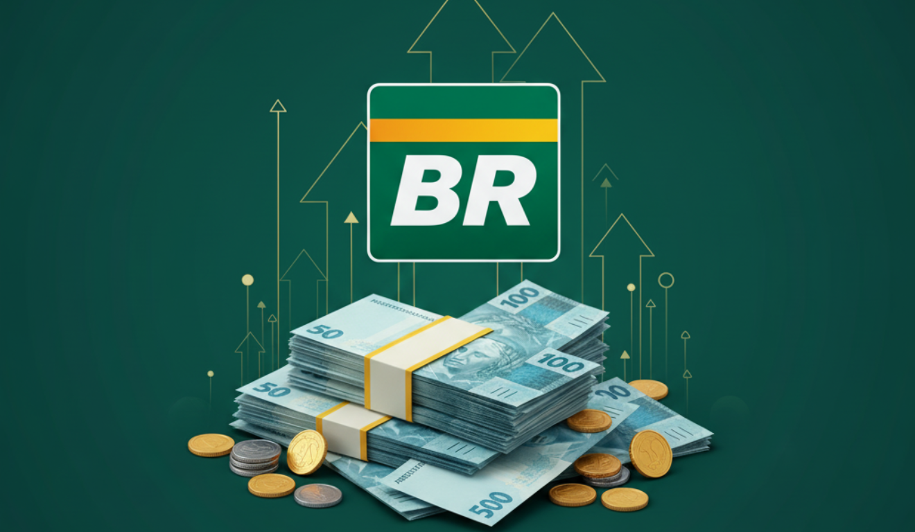 Logotipo da Petrobras sobre pilhas de notas e moedas de real simbolizando pagamento de R$ 12,2 bilhões em dividendos em 2025. Logotipo da Petrobras sobre pilhas de notas e moedas de real simbolizando pagamento de R$ 12,2 bilhões em dividendos em 2025.