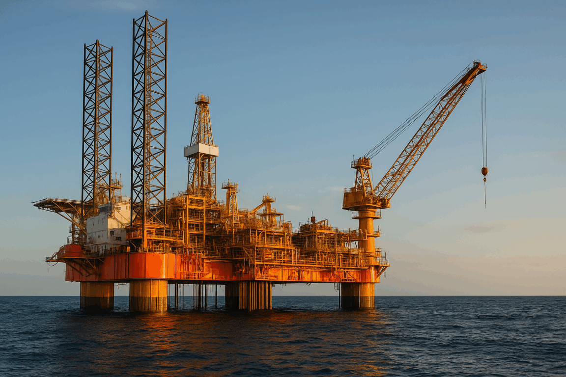 Plataforma offshore de petróleo iluminada pela luz do entardecer, sobre o mar calmo, com estruturas metálicas e guindaste em operação.