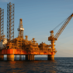 Plataforma offshore de petróleo iluminada pela luz do entardecer, sobre o mar calmo, com estruturas metálicas e guindaste em operação.