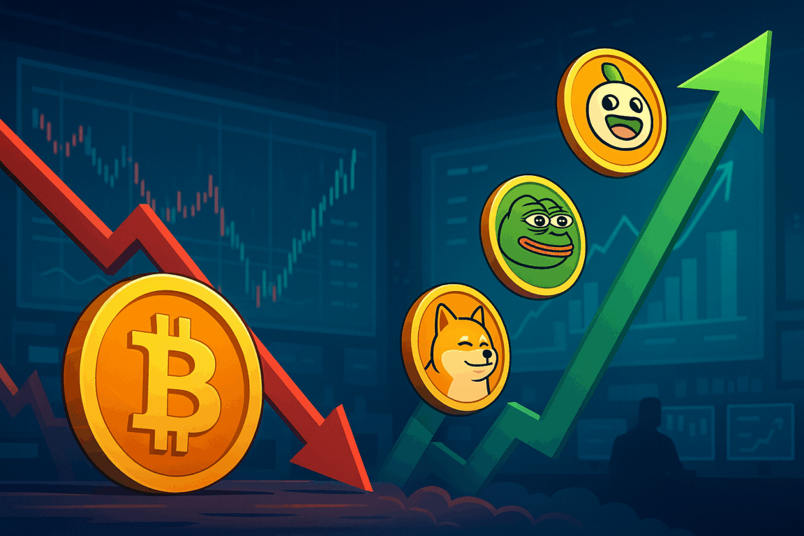Ilustração mostrando o Bitcoin em queda com gráfico descendente, enquanto memecoins como Doge, Pepe e outros tokens sobem com um gráfico verde ascendente, representando a migração de capital durante a correção do mercado. Ilustração mostrando o Bitcoin em queda com gráfico descendente, enquanto memecoins como Doge, Pepe e outros tokens sobem com um gráfico verde ascendente, representando a migração de capital durante a correção do mercado.