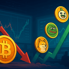 Ilustração mostrando o Bitcoin em queda com gráfico descendente, enquanto memecoins como Doge, Pepe e outros tokens sobem com um gráfico verde ascendente, representando a migração de capital durante a correção do mercado.