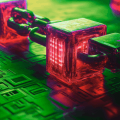 Corrente digital com blocos de dados luminosos representando segurança e tecnologia blockchain