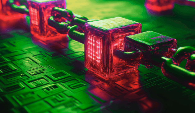 Corrente digital com blocos de dados luminosos representando segurança e tecnologia blockchain