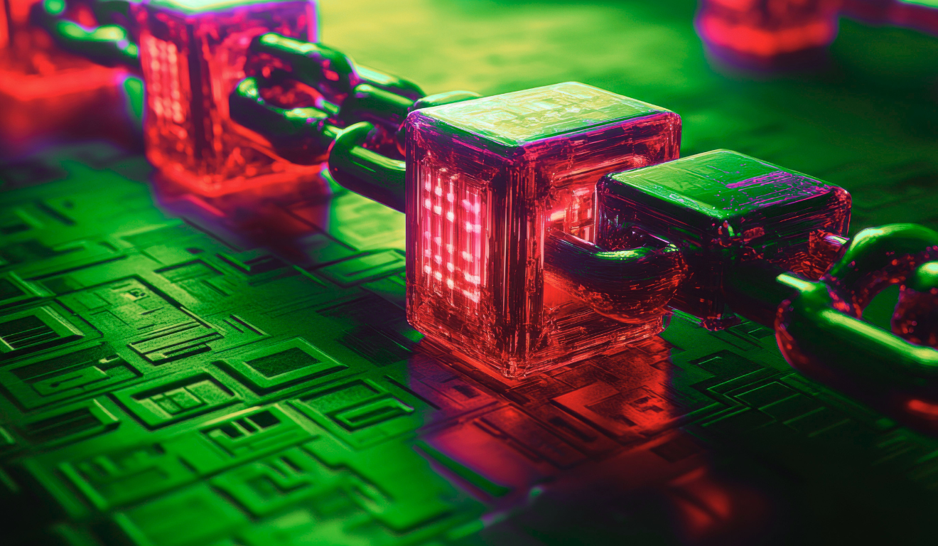 Corrente digital com blocos de dados luminosos representando segurança e tecnologia blockchain Corrente digital com blocos de dados luminosos representando segurança e tecnologia blockchain