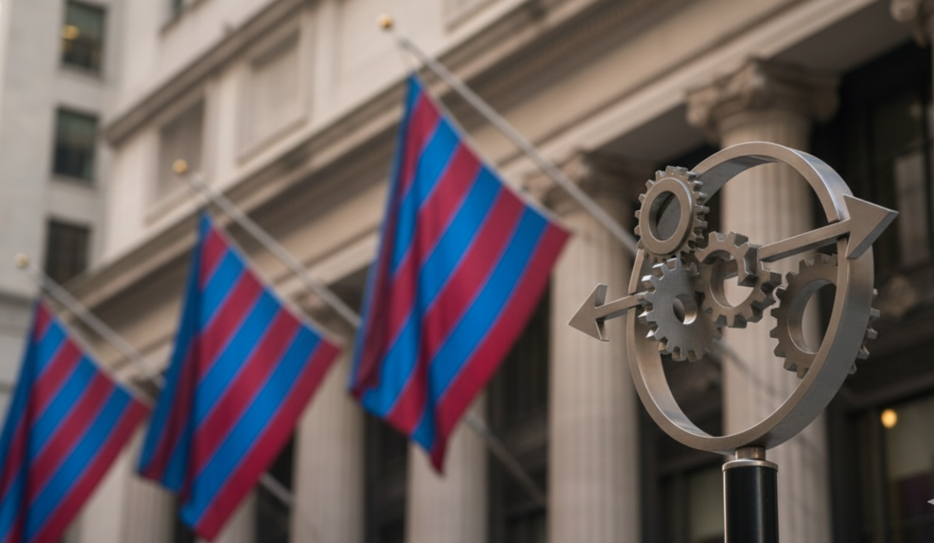 Detalhe de um poste com símbolo circular de engrenagens e setas, em primeiro plano, com bandeiras listradas de azul e vermelho e um edifício clássico em segundo plano Detalhe de um poste com símbolo circular de engrenagens e setas, em primeiro plano, com bandeiras listradas de azul e vermelho e um edifício clássico em segundo plano