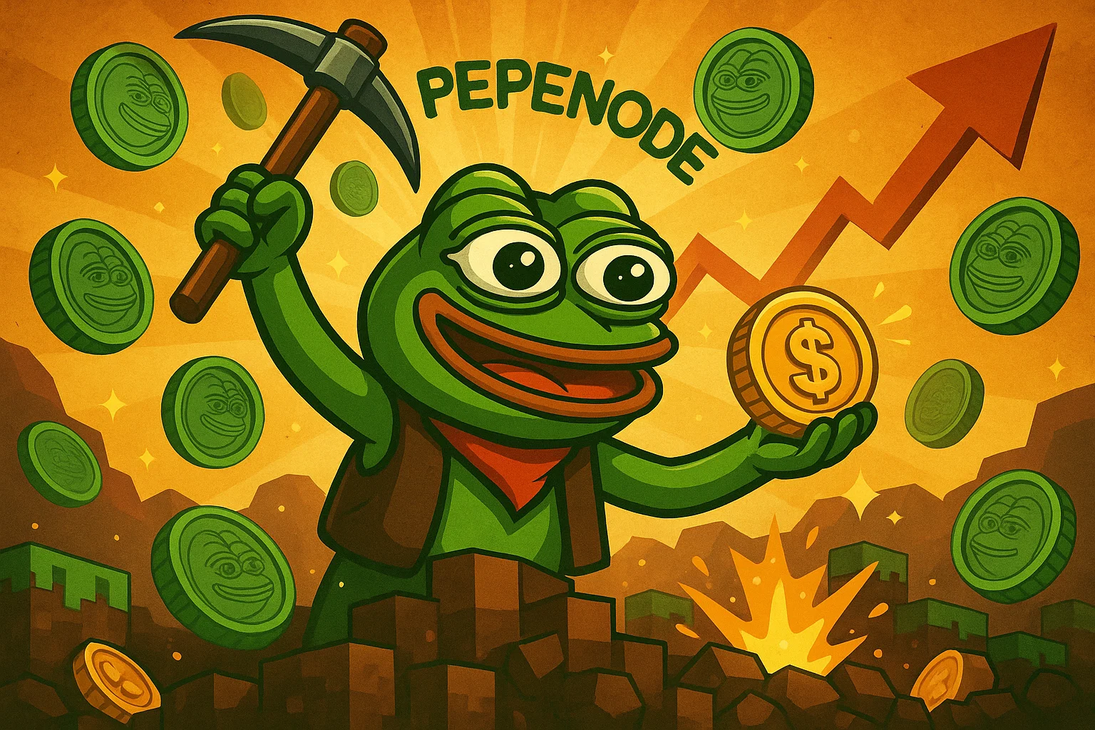 Imagem do personagem Pepe minerando moedas do projeto PepeNode, simbolizando o modelo gamificado de “mine-to-earn”