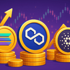 Ilustração mostrando as criptomoedas Solana, Polygon e Cardano representadas como moedas douradas sobre pilhas de tokens, com gráficos de alta ao fundo