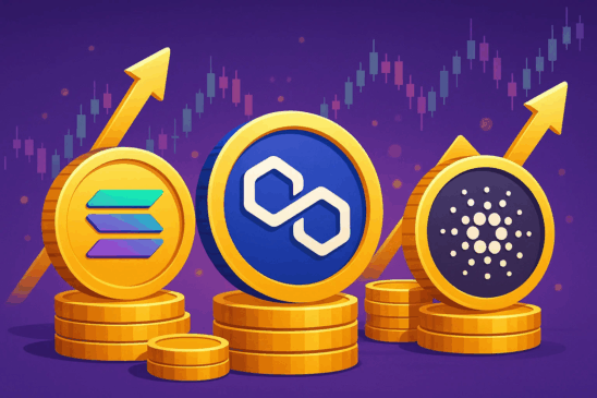 Ilustração mostrando as criptomoedas Solana, Polygon e Cardano representadas como moedas douradas sobre pilhas de tokens, com gráficos de alta ao fundo