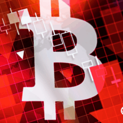 Símbolo do bitcoin em fundo vermelho com gráficos de queda representando recuo da criptomoeda.