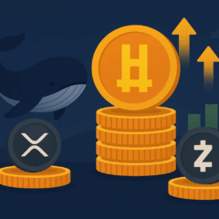 Ilustração mostra Bitcoin Hyper em alta com baleias acumulando, enquanto XRP e Zcash aparecem em queda