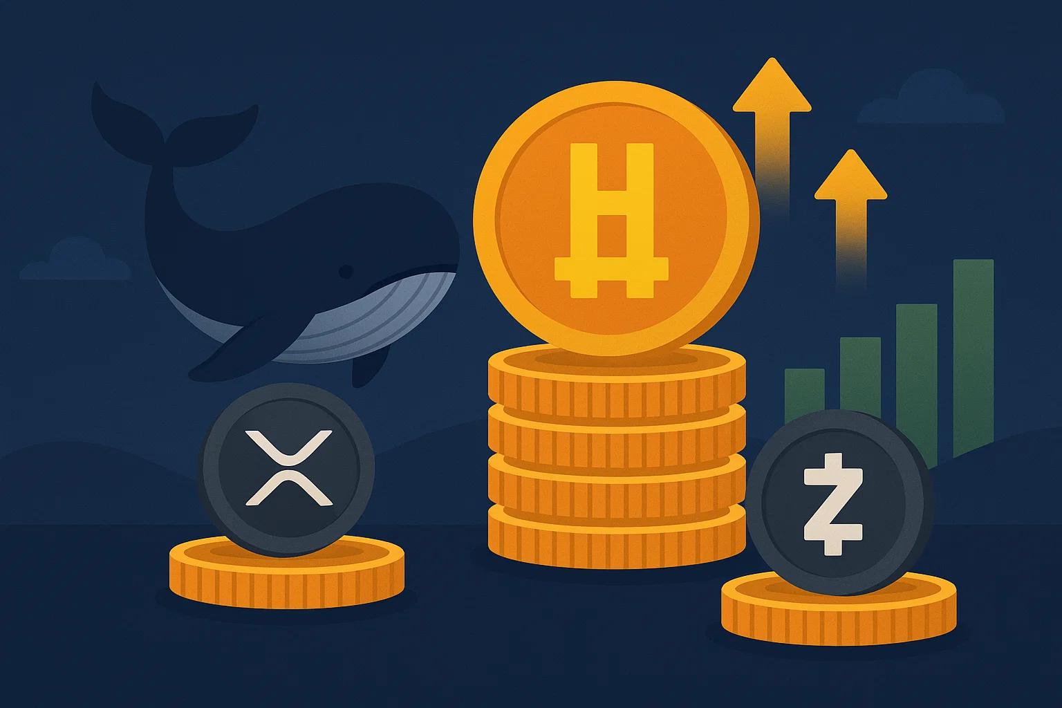 Ilustração mostra Bitcoin Hyper em alta com baleias acumulando, enquanto XRP e Zcash aparecem em queda