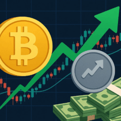 Gráfico de alta do Bitcoin com setas verdes e ícones de criptomoedas, representando a recuperação do mercado e o avanço da pré-venda do Bitcoin Hyper
