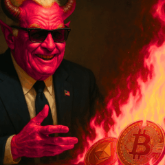 Ilustra&ccedil;&atilde;o de Bitcoin e Ethereum em chamas simboliza a queda das criptomoedas com a avers&atilde;o ao risco global.