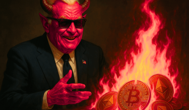 Ilustração de Bitcoin e Ethereum em chamas simboliza a queda das criptomoedas com a aversão ao risco global.