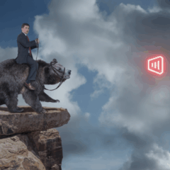 Imagem conceitual mostra um investidor montado em um urso &agrave; beira de um penhasco, representando risco elevado e poss&iacute;vel corre&ccedil;&atilde;o nos mercados acion&aacute;rios ap&oacute;s excesso de otimismo.