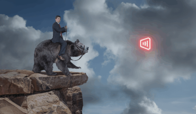 Imagem conceitual mostra um investidor montado em um urso à beira de um penhasco, representando risco elevado e possível correção nos mercados acionários após excesso de otimismo.