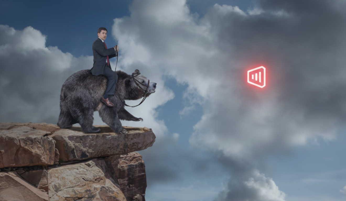 Imagem conceitual mostra um investidor montado em um urso à beira de um penhasco, representando risco elevado e possível correção nos mercados acionários após excesso de otimismo.
