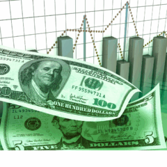 Notas de dólar diante de gráfico de alta representando recordes do mercado financeiro.