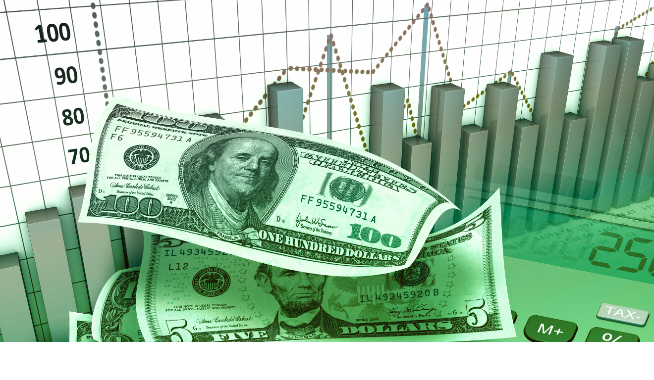 Notas de dólar diante de gráfico de alta representando recordes do mercado financeiro.