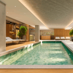 Piscina interna e &aacute;rea de lazer do Canela Flats, empreendimento imobili&aacute;rio de alto padr&atilde;o na Serra Ga&uacute;cha