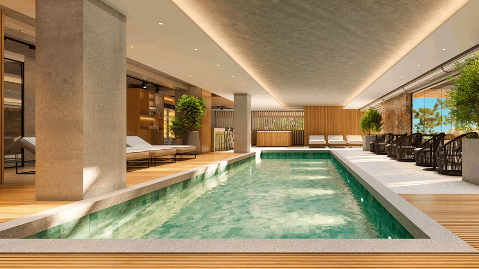 Piscina interna e área de lazer do Canela Flats, empreendimento imobiliário de alto padrão na Serra Gaúcha Piscina interna e área de lazer do Canela Flats, empreendimento imobiliário de alto padrão na Serra Gaúcha
