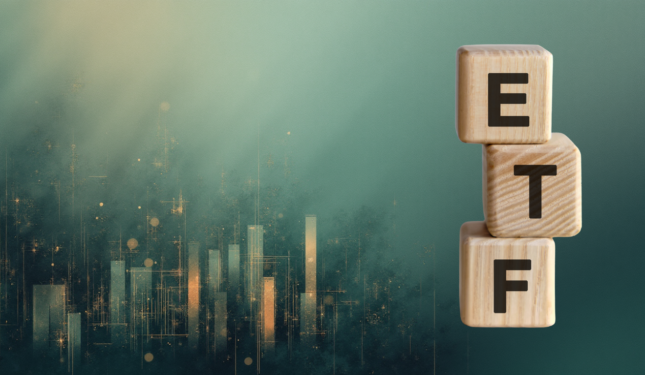 Blocos de madeira com a sigla ETF diante de gráfico abstrato, simbolizando tipos de ETFs para diversificar a carteira.