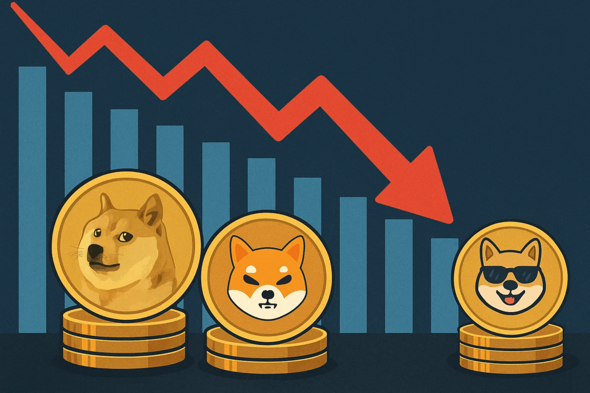 Ilustração mostra DOGE e SHIB em forte queda e MaxiDoge em destaque, simbolizando a migração de investidores para novas memecoins