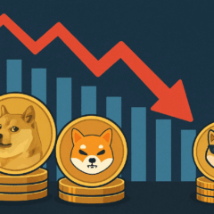 Ilustração mostra DOGE e SHIB em forte queda e MaxiDoge em destaque, simbolizando a migração de investidores para novas memecoins