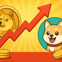 Ilustração com moedas de memecoins em ascensão, destacando o crescimento do setor e o potencial do MaxiDoge como novo competidor de destaque