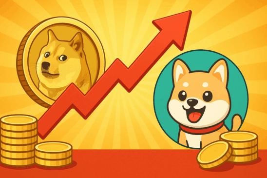 Ilustração com moedas de memecoins em ascensão, destacando o crescimento do setor e o potencial do MaxiDoge como novo competidor de destaque