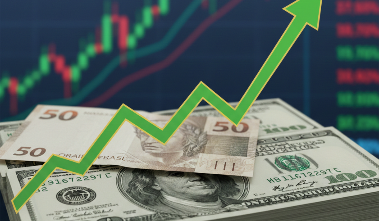 Notas de dólar e real com gráfico de alta representando o movimento do dólar hoje.