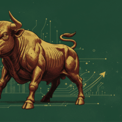 Ilustra&ccedil;&atilde;o de um touro representando o bull market e a estrat&eacute;gia com ETFs em 2026 para o investidor brasileiro