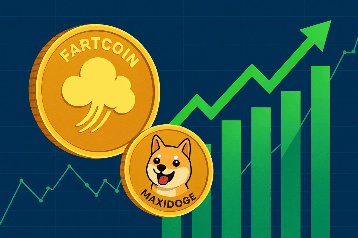 Gráfico de alta das memecoins com destaque para Fartcoin e MaxiDoge, indicando valorização e forte interesse do mercado cripto Gráfico de alta das memecoins com destaque para Fartcoin e MaxiDoge, indicando valorização e forte interesse do mercado cripto